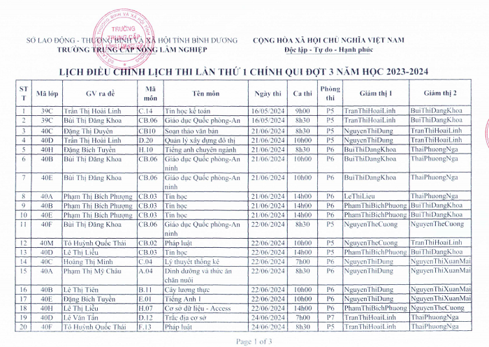 Thông báo điều chỉnh lịch thi đợt 3 năm học 2023-2024
